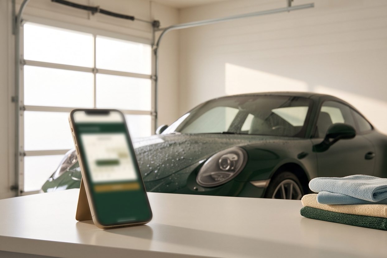 Phone on a workbench showing a booking calendar, freshly detailed green sports car behind