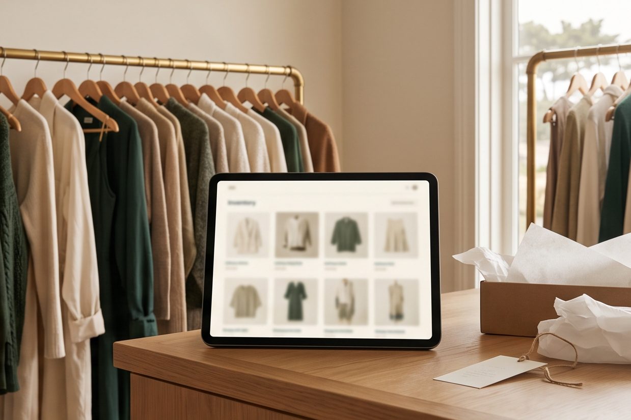 Tablet on a boutique counter showing an inventory grid, racks of clothing behind