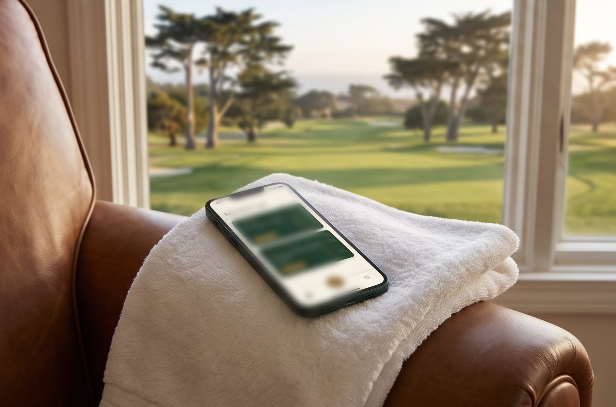 Phone on a clubhouse chair showing a members app, golf course through the window